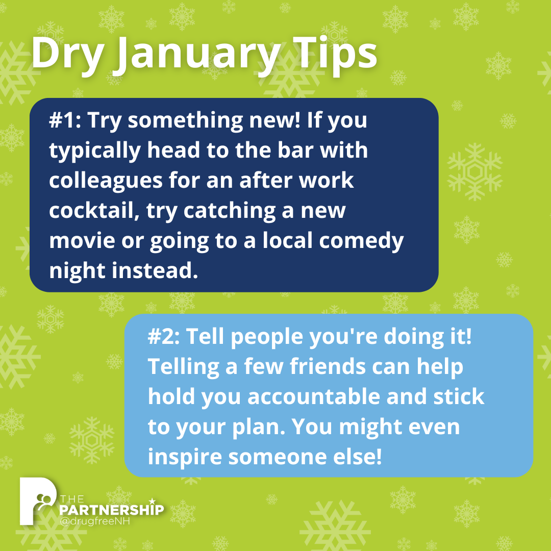 Dry January Tips. #1: Try something new! If you typically head to the bar with colleagues for after work cocktail, try catching a new movie or going to a local comedy night instead. #2: Tell people you're doing it! Telling a few friends can help hold you accountable and stick to your plan. You might even inspire someone else!
