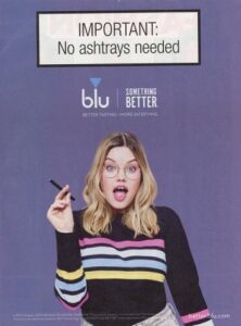 blue vaping marketing poster with young adult female holding cigarette