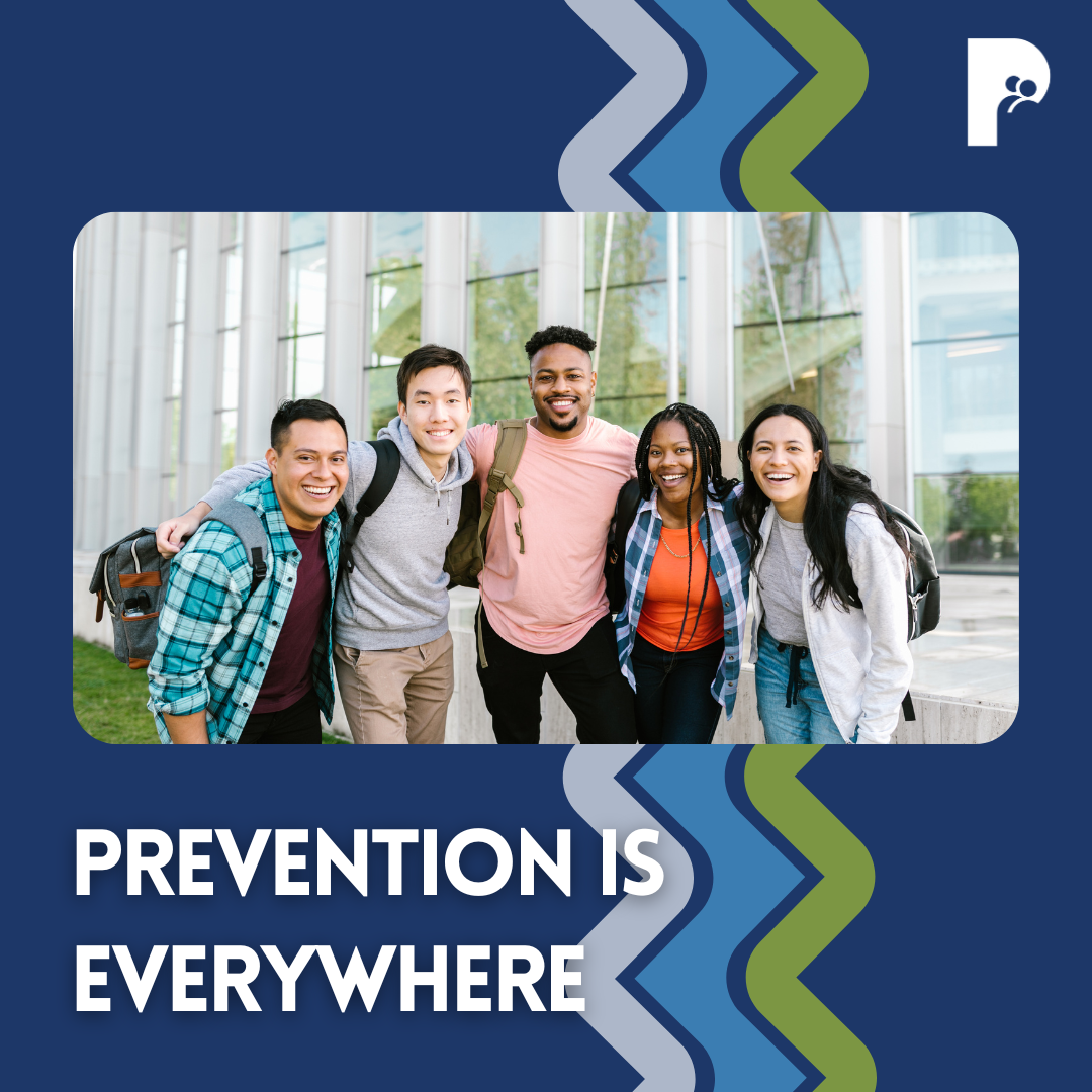 Prevention is everywhere. Accompanying image: a group of young adults standing outside front of building smiling