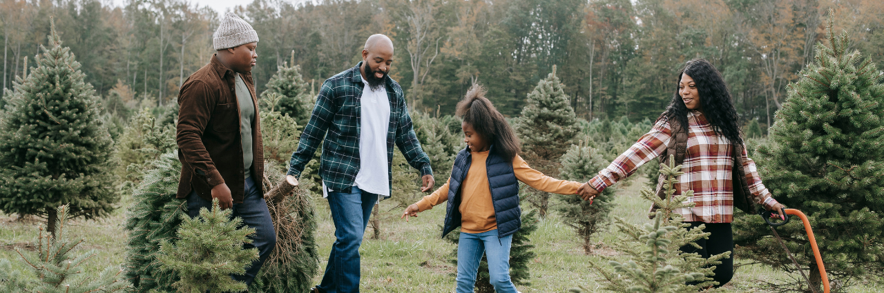 family of four walking through field picking out a christmas tree
