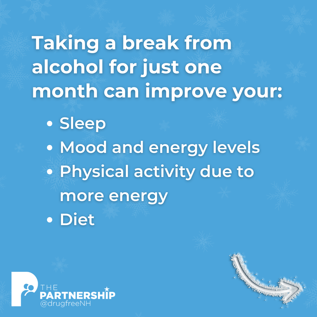 Taking a break from alcohol for just one month can improve your sleep, mood and energy levels physical activity due to more energy, and diet. | The Partnership @drugfreeNH