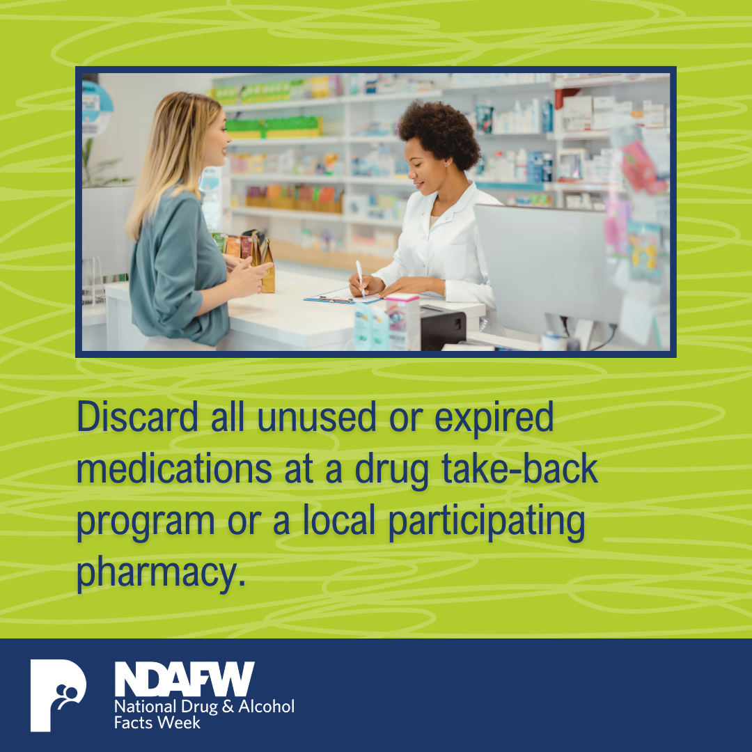 Discard all unused or expired medications at a drug take-back program or a local participating pharmacy.