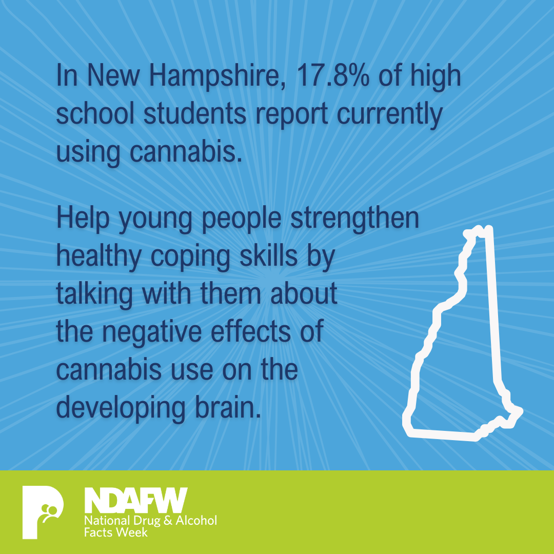 In New Hampshire, 17.8% of high school students report currently using cannabis. Help young people strengthen healthy coping skills by talking with them about the negative effects of cannabis use on the developing brain.