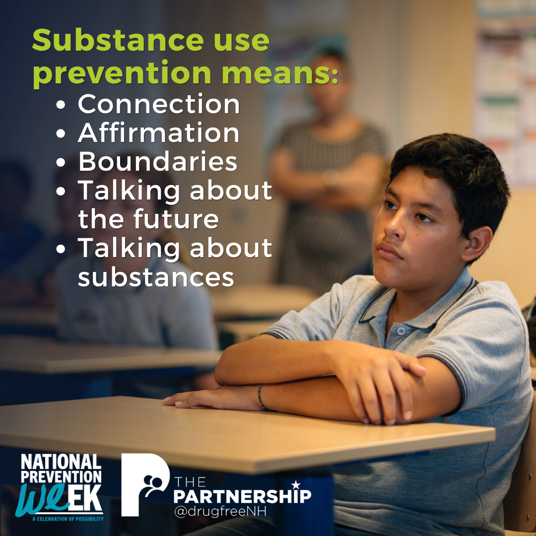 National Prevention Week | Substance use prevention means: Connection, affirmation, boundaries, talking about the future, talking about substances.